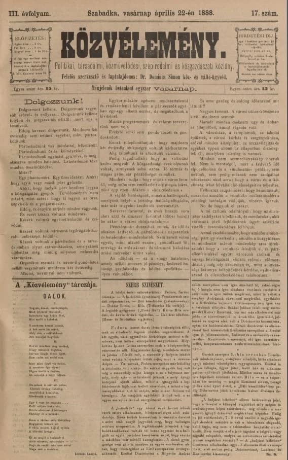 Közvélemény, 3. évf. 1888. április 22. 17. sz.