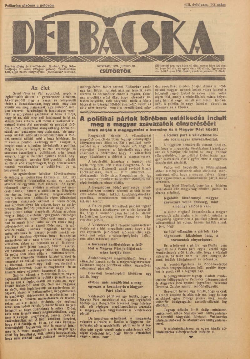 Délbácska, 8. évf. 1927. június 30. 148. sz.