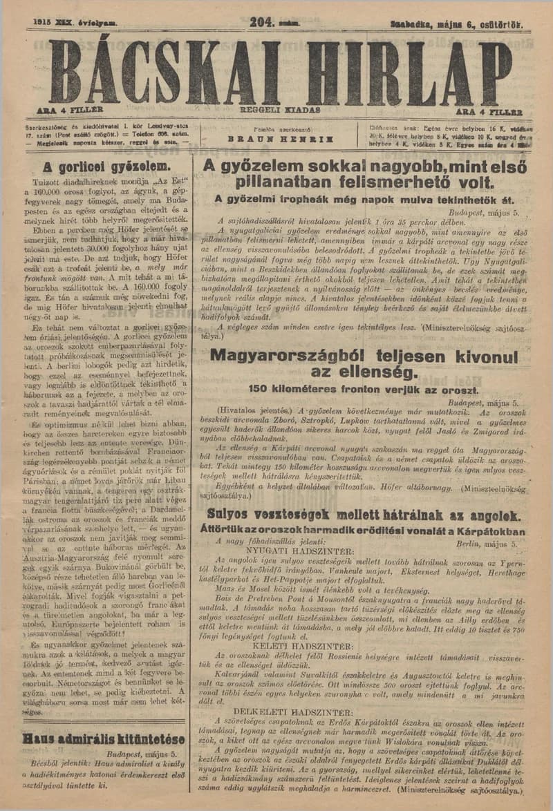 Bácskai Hirlap, 19. évf. 1915. május 6. 204. sz.
