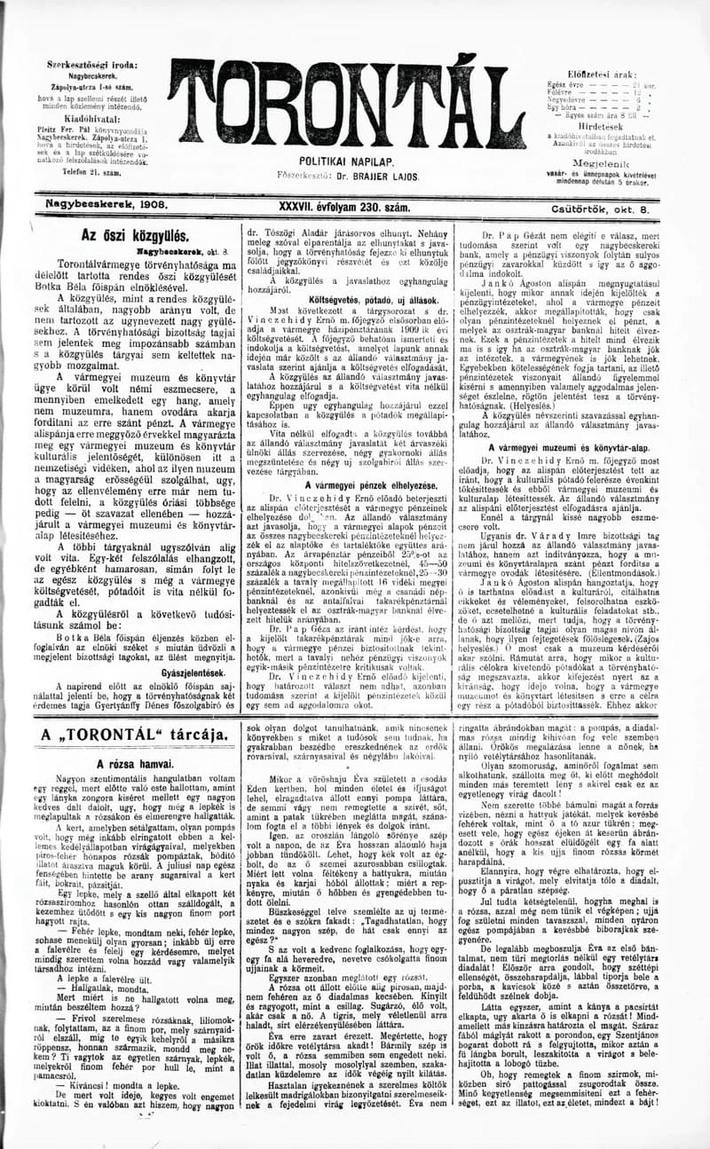 Torontál, 37. évf. 1908. október 8. 230. sz.