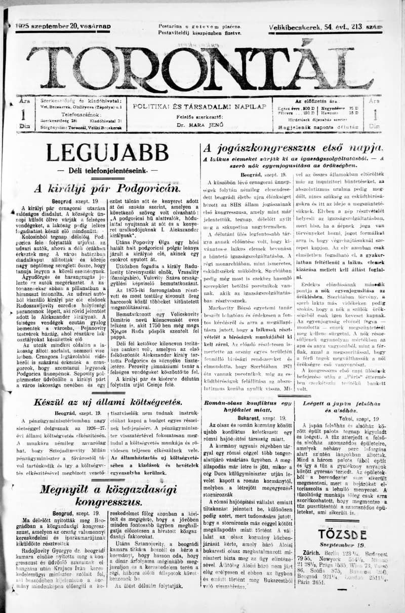Torontál, 54. évf. 1925. szeptember 20. 213. sz.