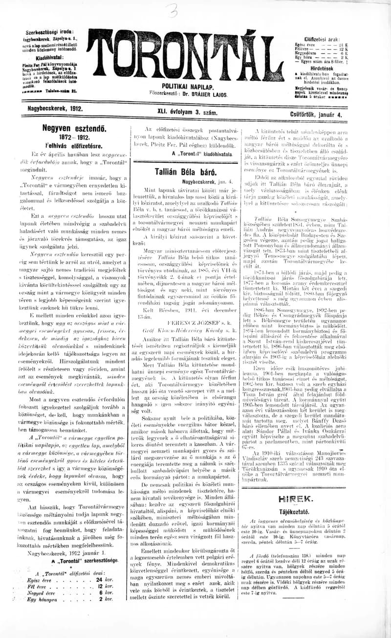 Torontál, 41. évf. 1912. január 4. 3. sz.