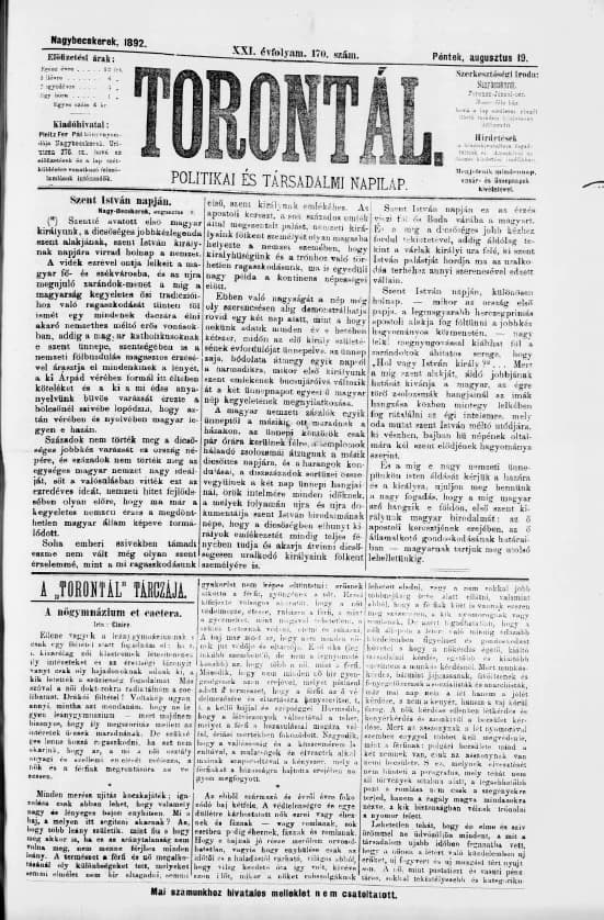 Torontál, 21. évf. 1892. augusztus 19. 170. sz.