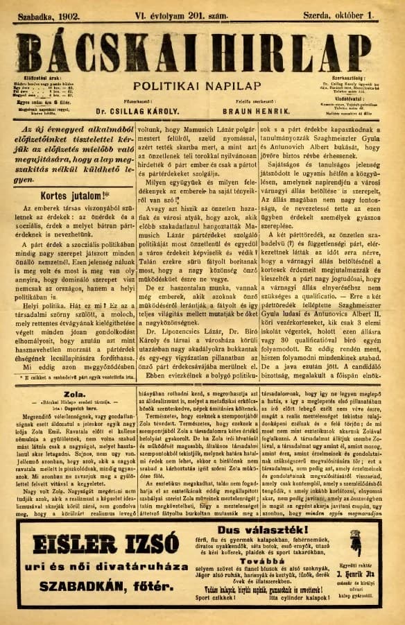 Bácskai Hirlap, 6. évf. 1902. október 1. 201. sz.
