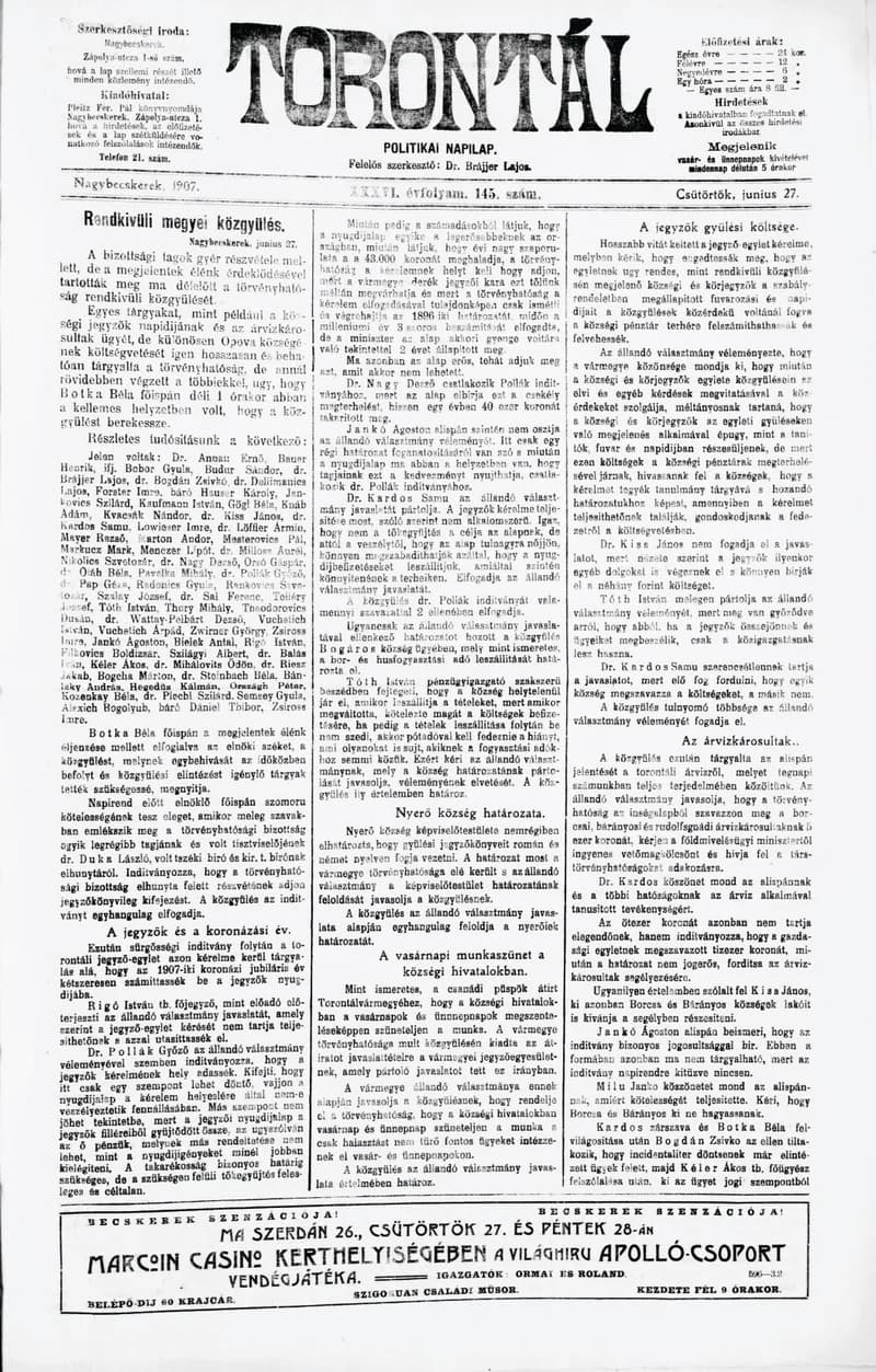 Torontál, 36. évf. 1907. június 27. 145. sz.