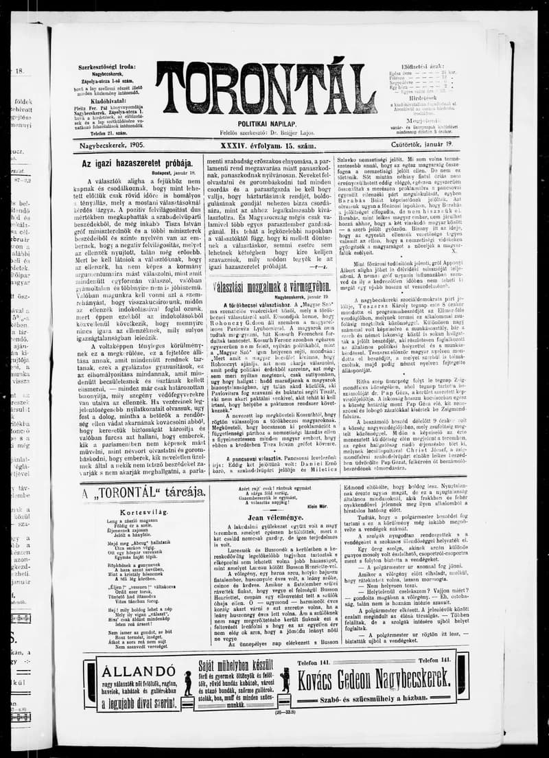 Torontál, 34. évf. 1905. január 19. 15. sz.
