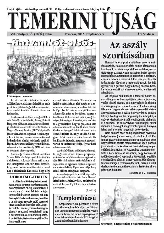 Temerini Újság, 21. évf. 2015. szeptember 3. 36. sz.