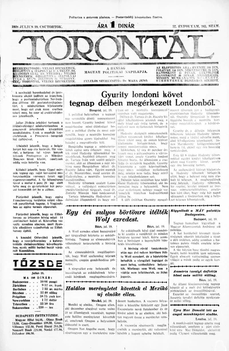 Torontál, 57. évf. 1928. július 19. 165. sz.