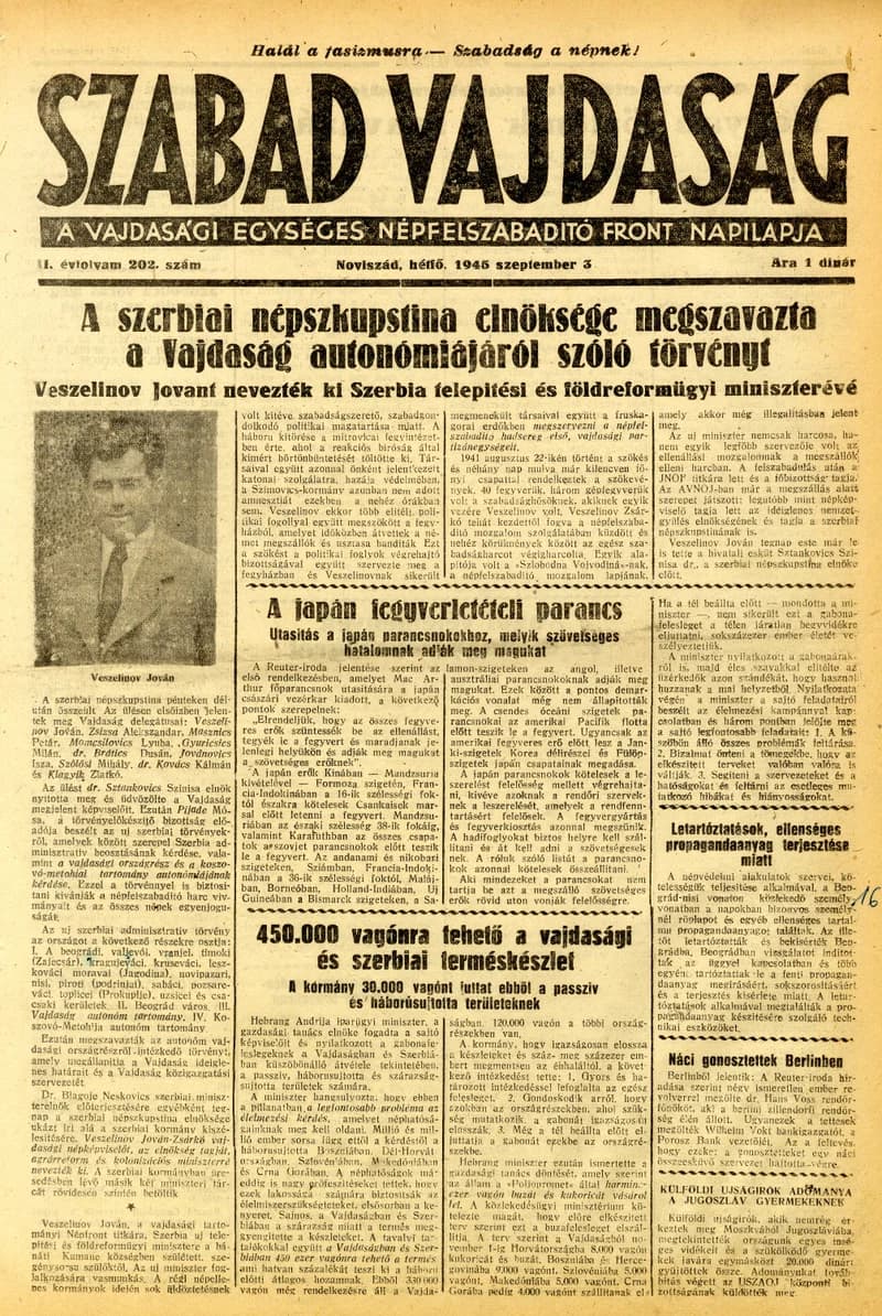 Szabad Vajdaság, 2. évf. 1945. szeptember 3. 202. sz.