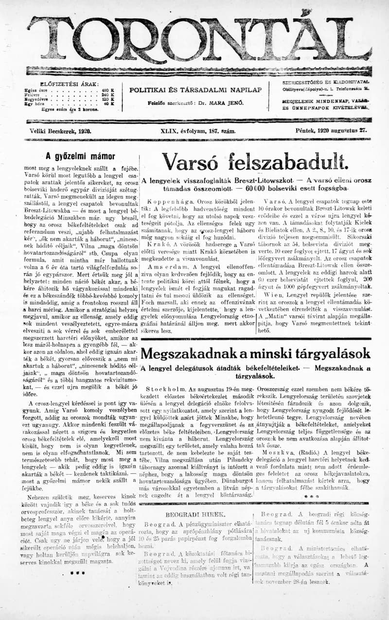 Torontál, 49. évf. 1920. augusztus 27. 187. sz.
