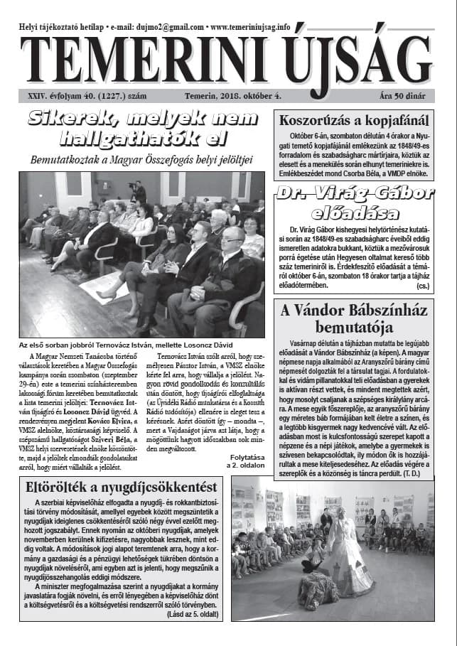 Temerini Újság, 24. évf. 2018. október 4. 40. sz.