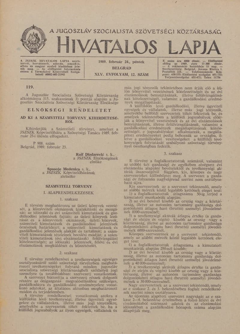 A Jugoszláv Szocialista Szövetségi Köztársaság Hivatalos Lapja, 45. évf. 1989. február 24. 12. sz. 277–320. oldal