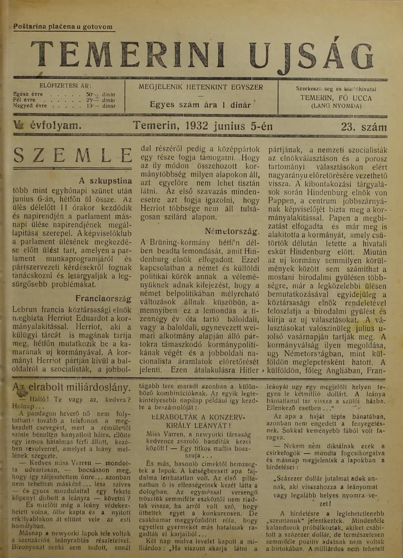 Temerini Újság 1928-1944, 5. évf. 1932. június 5. 23. sz.