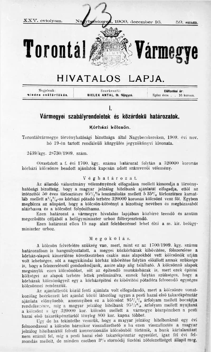 Torontál Vármegye Hivatalos Lapja, 25. évf. 1909. december 16. 59. sz.