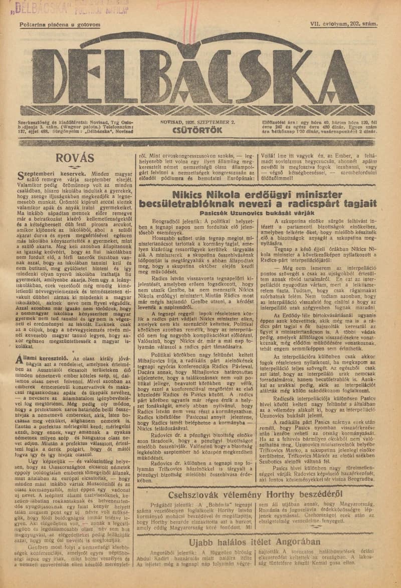 Délbácska, 7. évf. 1926. szeptember 2. 202. sz.