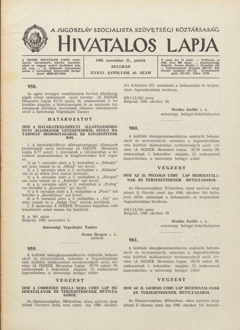 A Jugoszláv Szocialista Szövetségi Köztársaság Hivatalos Lapja, 36. évf. 1980. november 21. 65. sz. 1865–1904. oldal