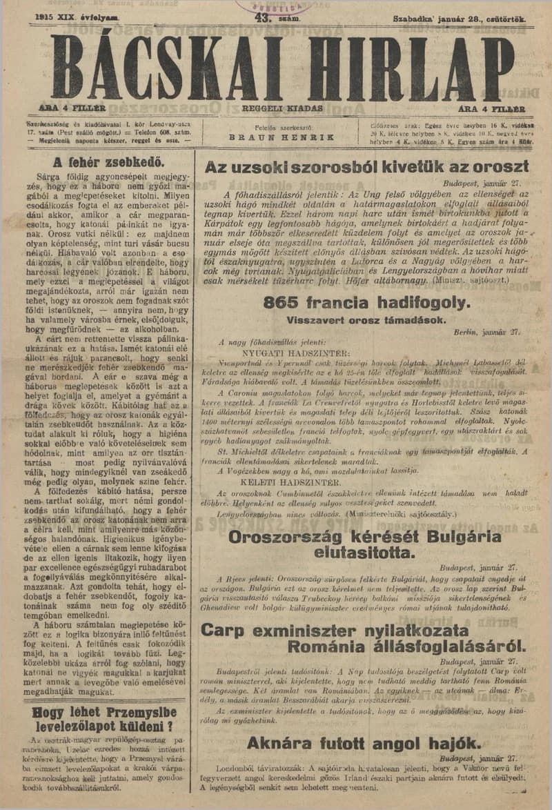Bácskai Hirlap, 19. évf. 1915. január 28. 43. sz.