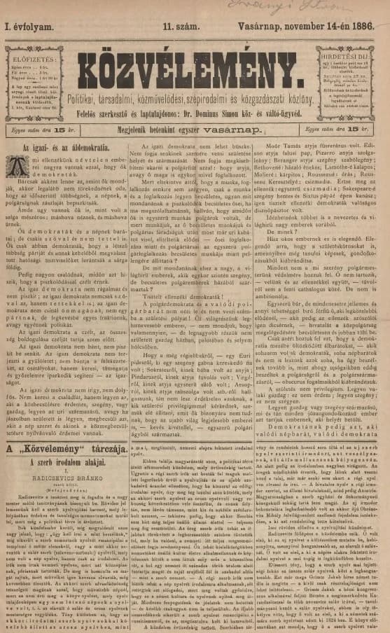 Közvélemény, 1. évf. 1886. november 14. 11. sz.