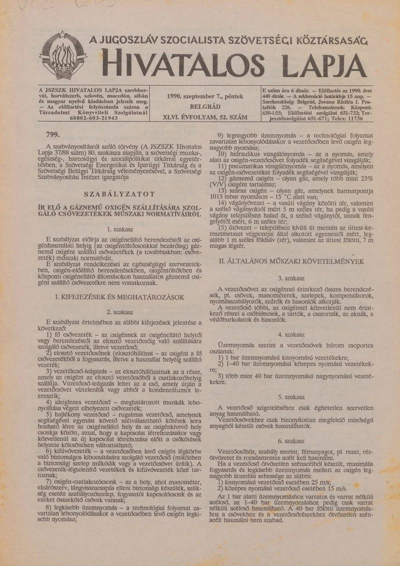 A Jugoszláv Szocialista Szövetségi Köztársaság Hivatalos Lapja, 46. évf. 1990. szeptember 7. 52. sz. 1721–1744. oldal