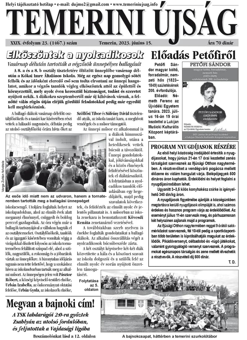 Temerini Újság, 29. évf. 2023. június 15. 23. sz.