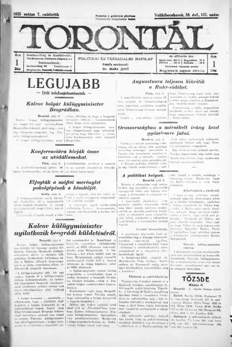 Torontál, 54. évf. 1925. május 7. 102. sz.