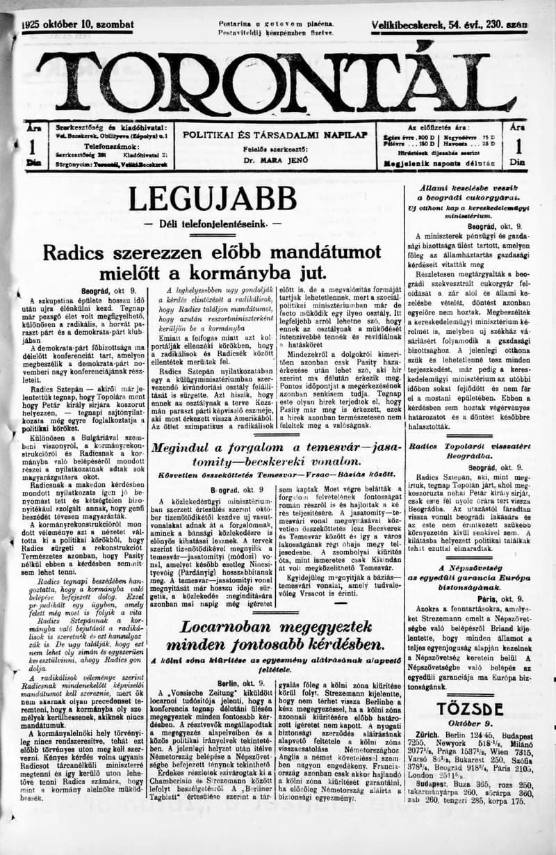 Torontál, 54. évf. 1925. október 10. 230. sz.