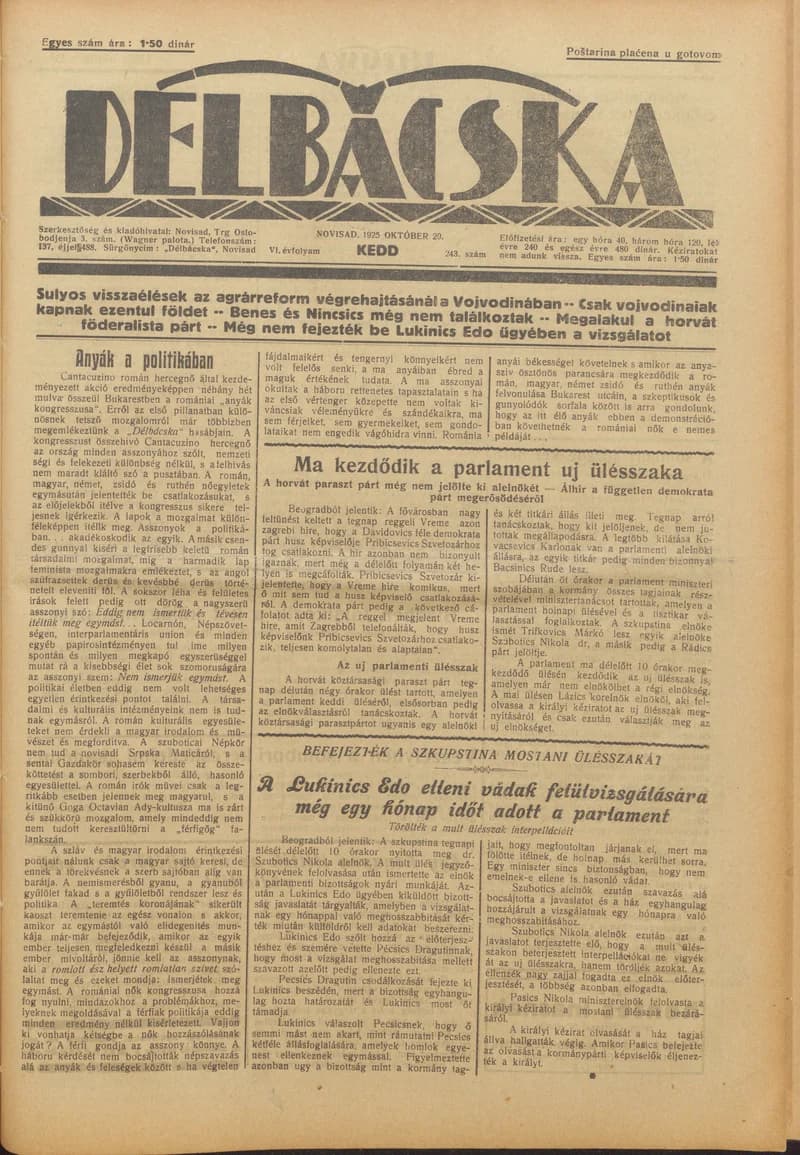 Délbácska, 6. évf. 1925. október 20. 243. sz.