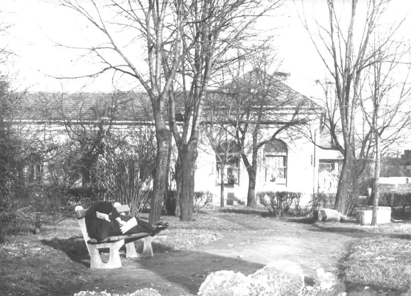 A zentai főtéri park, háttérben az egykori Vass-vendéglő