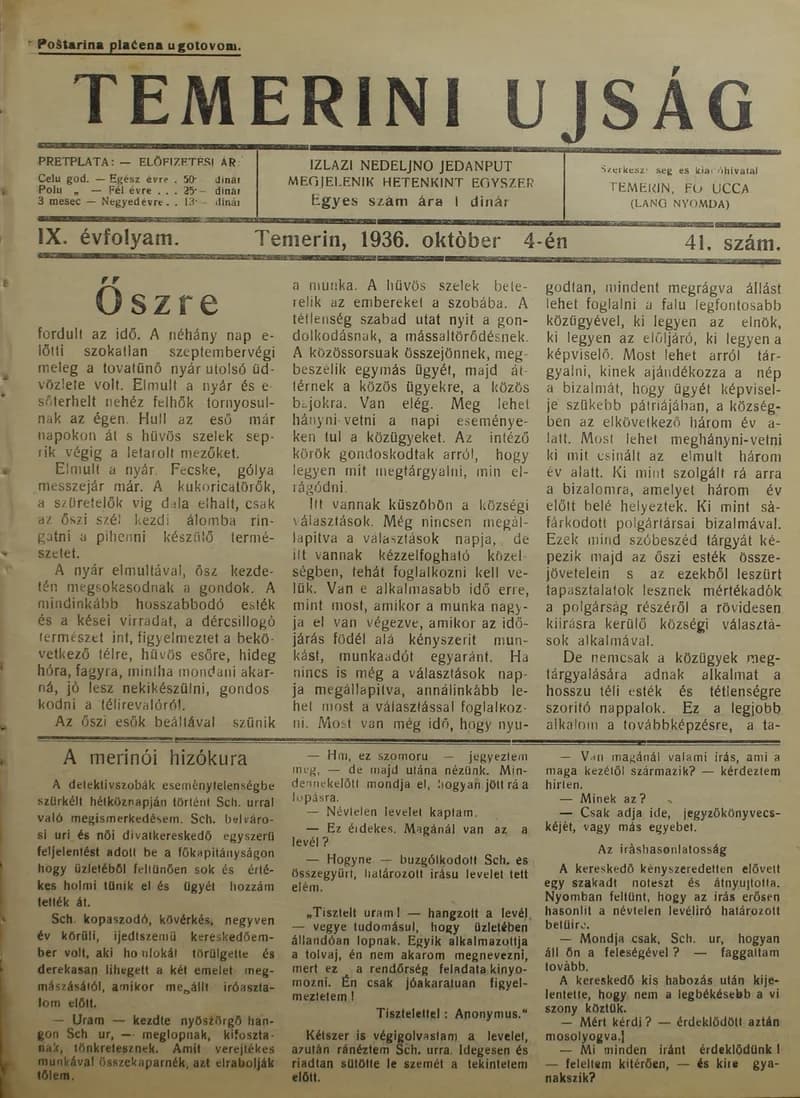 Temerini Újság 1928-1944, 9. évf. 1936. október 4. 41. sz.