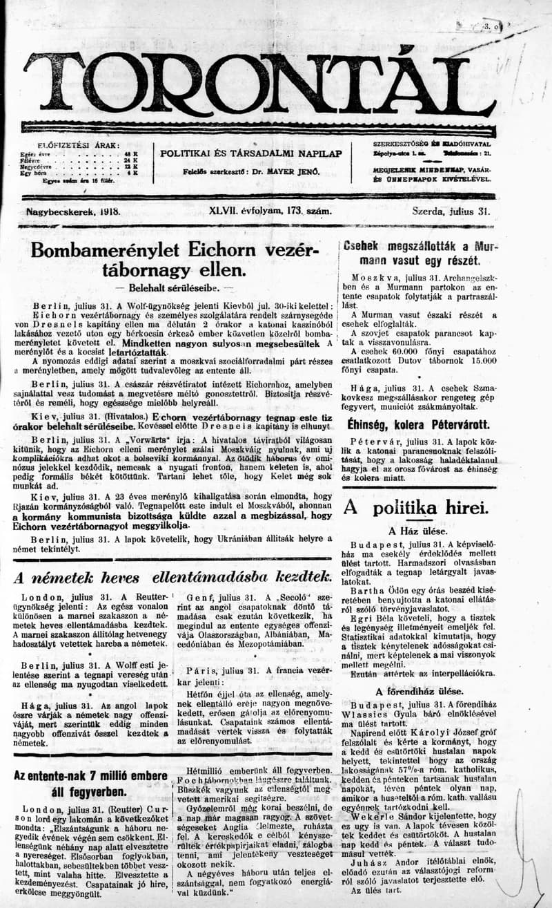Torontál, 47. évf. 1918. július 31. 173. sz.