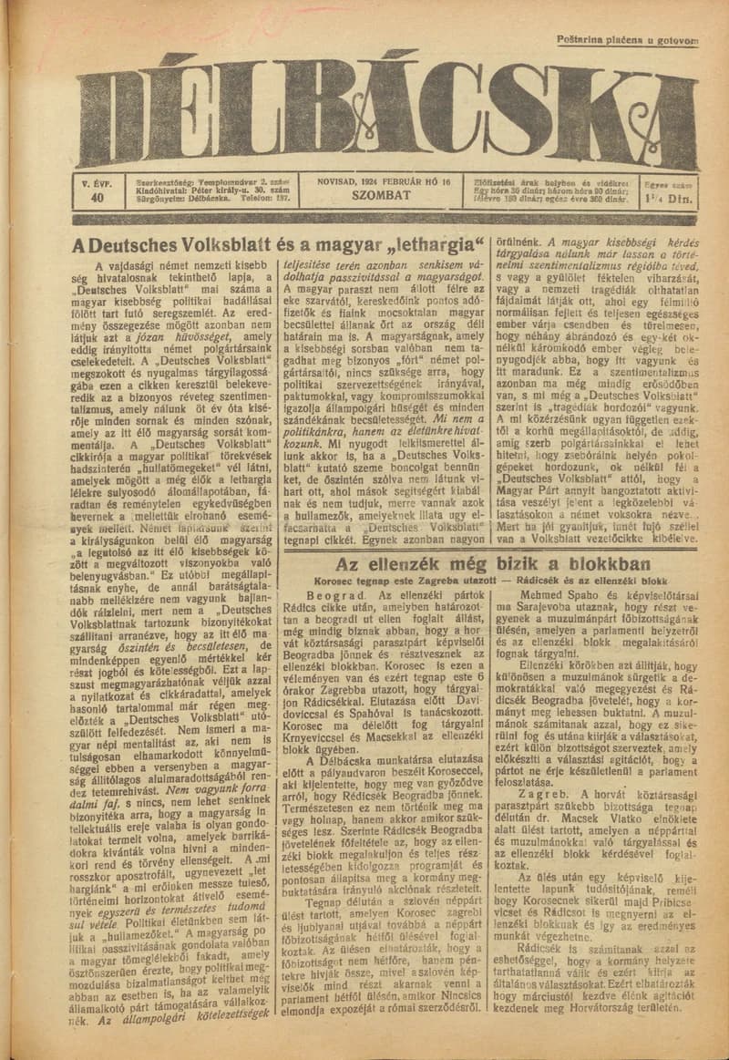 Délbácska, 5. évf. 1924. február 16. 40. sz.