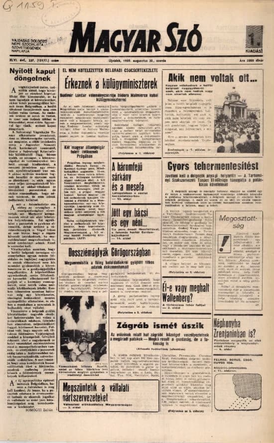 Magyar Szó, 46. évf. 1989. augusztus 30. 237. sz. 1–16. oldal