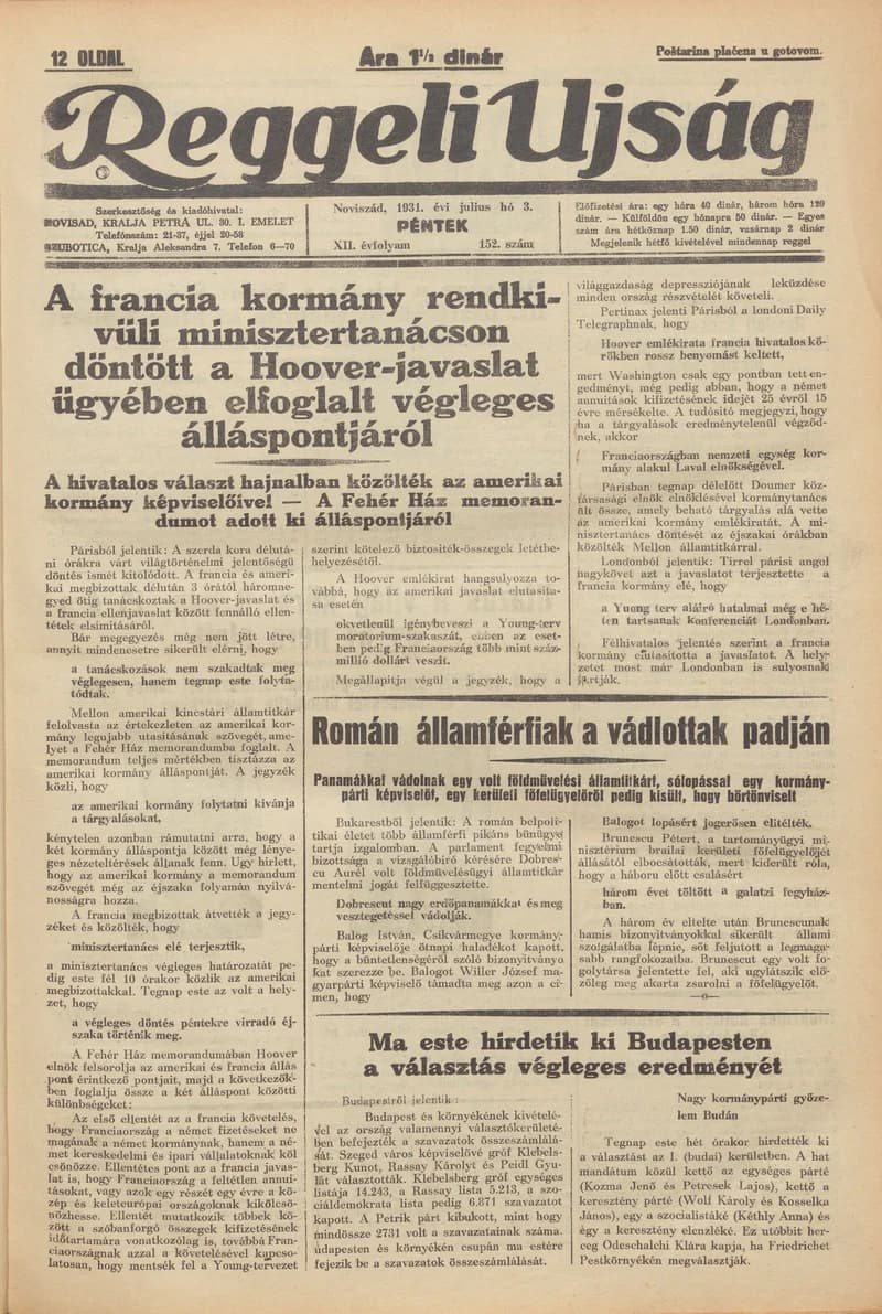 Reggeli Újság, 12. évf. 1931. július 3. 152. sz.