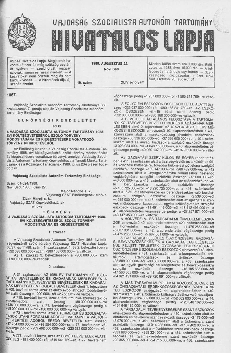 Vajdaság Szocialista Autonóm Tartomány Hivatalos Lapja, 44. évf. 1988. augusztus 22. 19. sz.