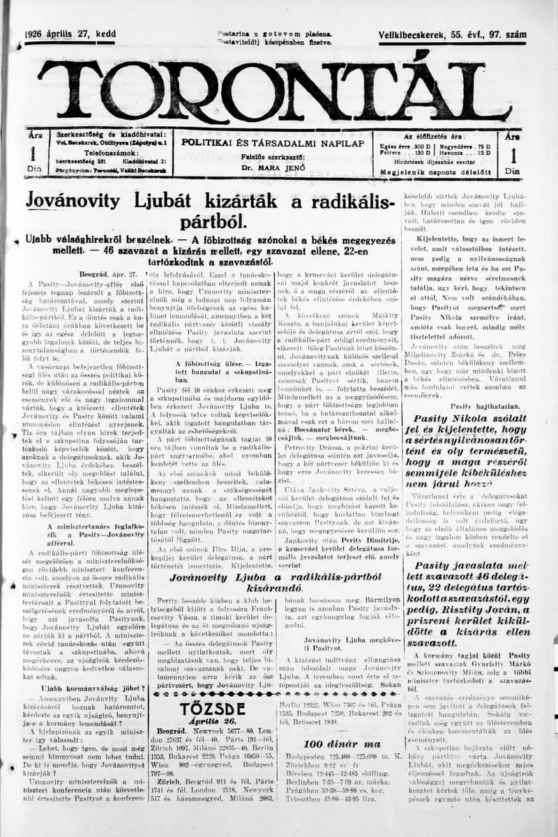 Torontál, 55. évf. 1926. április 27. 97. sz.