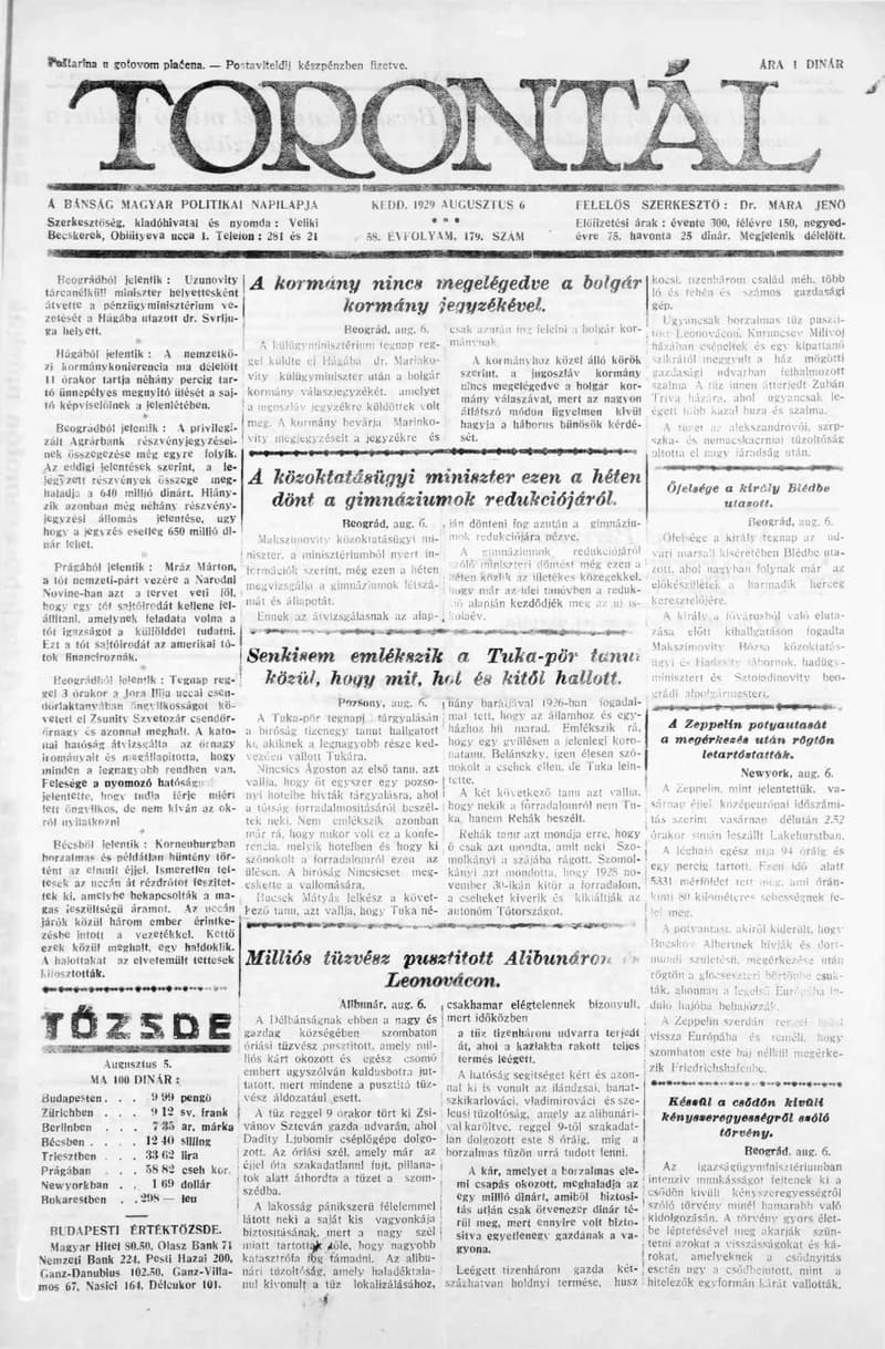 Torontál, 58. évf. 1929. augusztus 6. 179. sz.