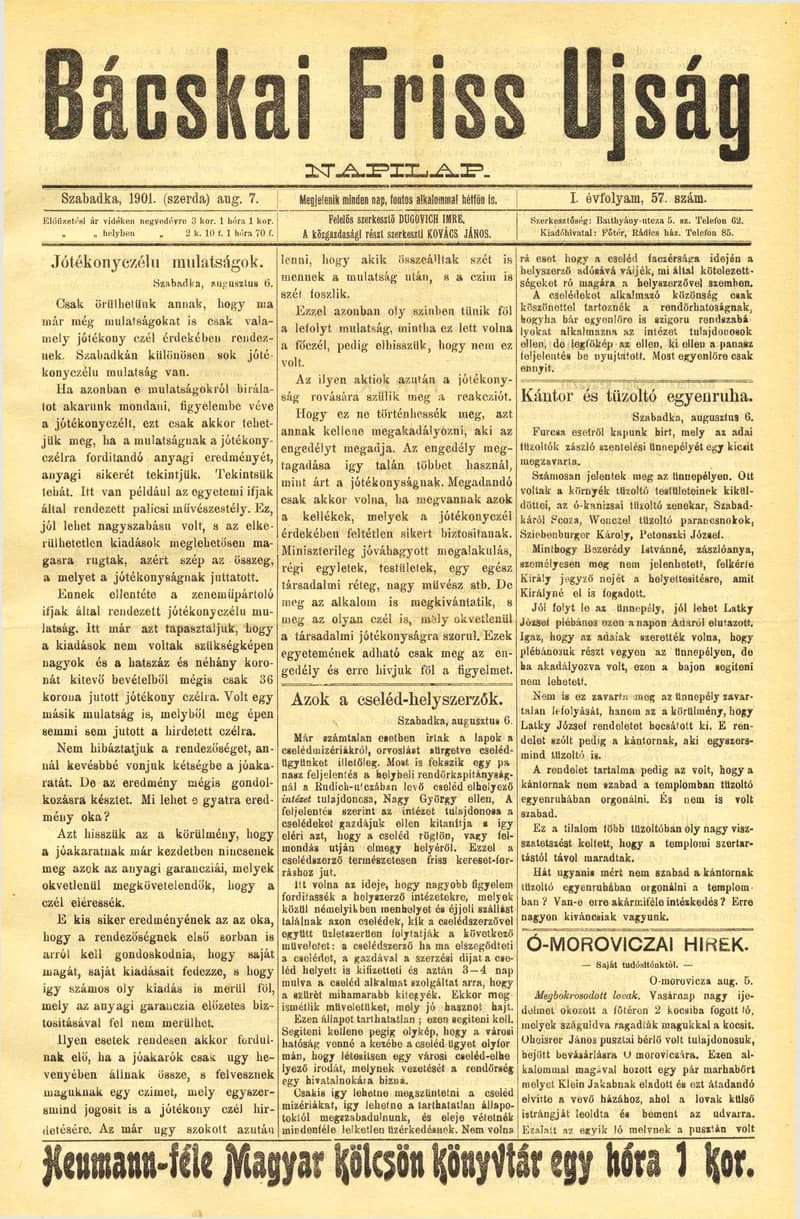 Bácskai Friss Ujság, 1. évf. 1901. augusztus 7. 57. sz.
