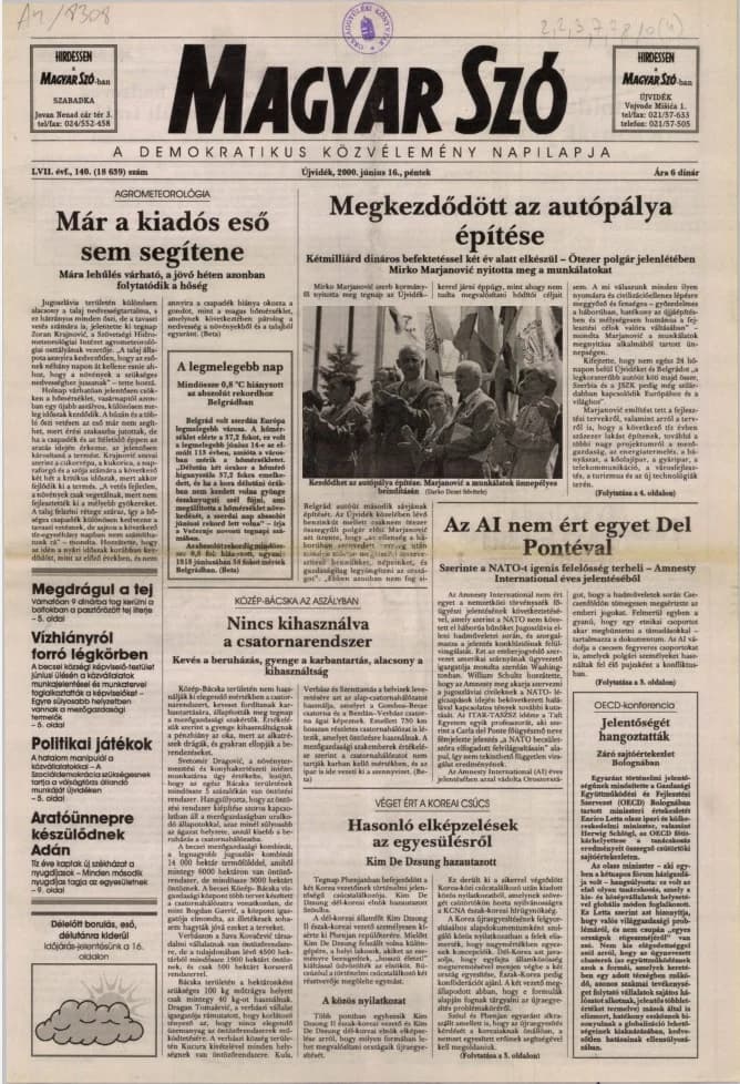 Magyar Szó, 57. évf. 2000. június 16. 140. sz. 1–16. oldal