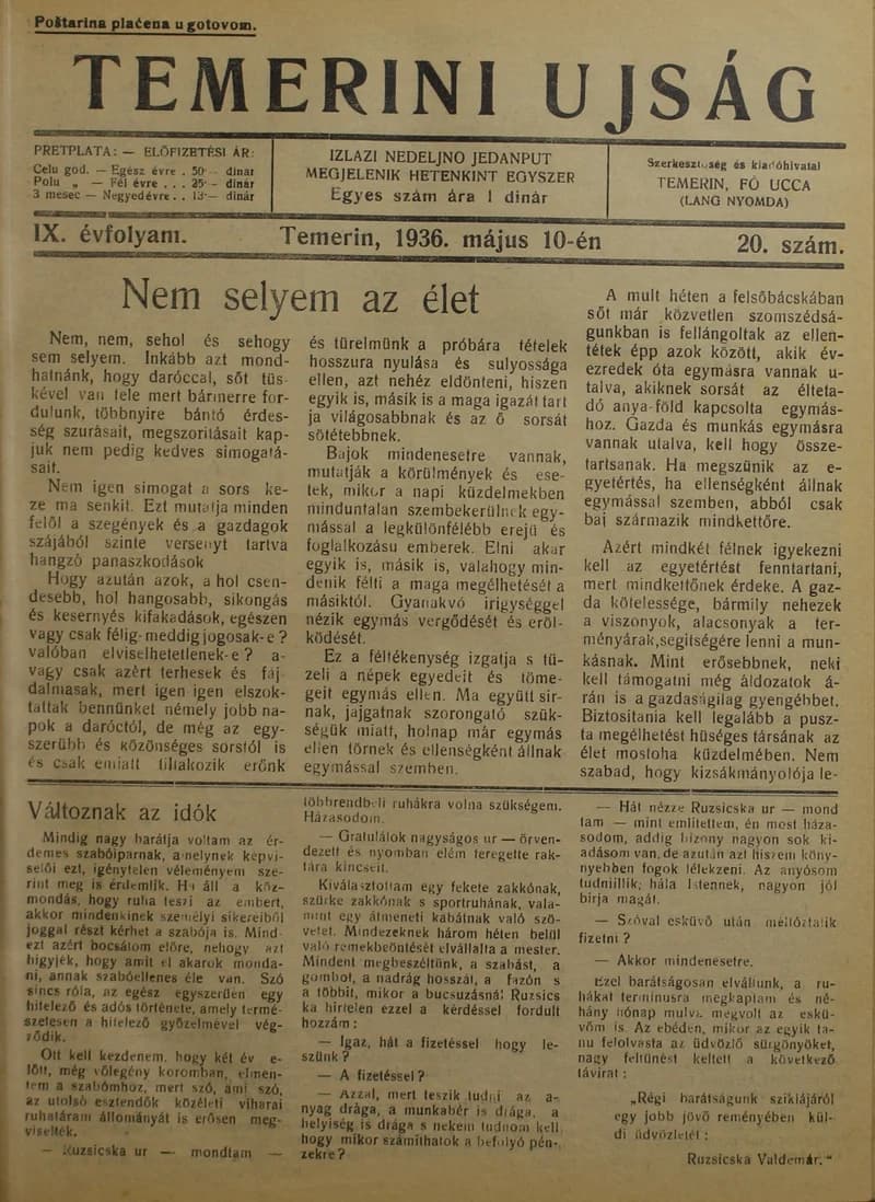 Temerini Újság 1928-1944, 9. évf. 1936. május 10. 20. sz.