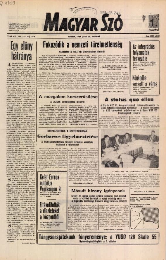 Magyar Szó, 46. évf. 1989. július 20. 196. sz. 1–16. oldal