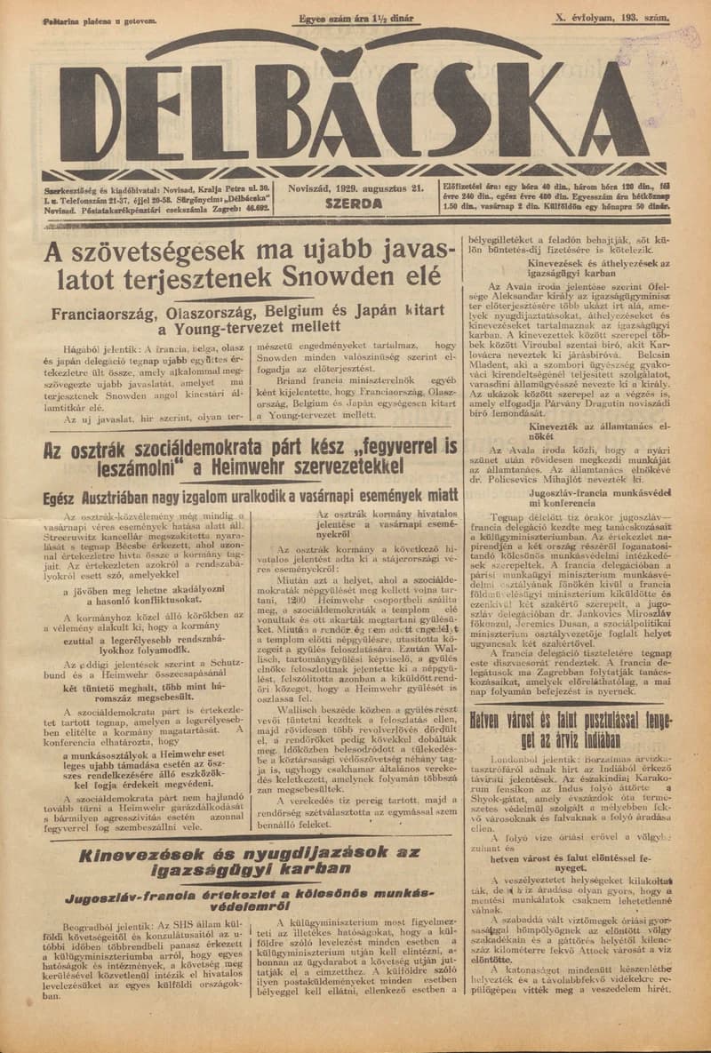 Délbácska, 10. évf. 1929. augusztus 21. 193. sz.