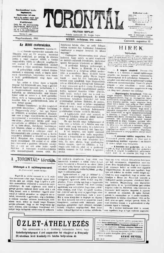 Torontál, 34. évf. 1905. augusztus 10. 181. sz.