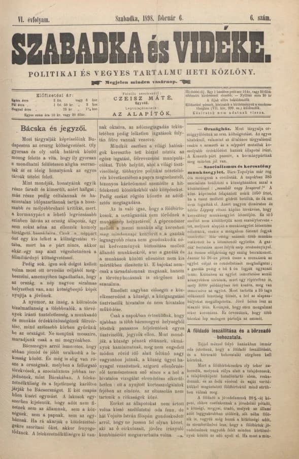 Szabadka és vidéke II, 6. évf. 1898. február 6. 6. sz.