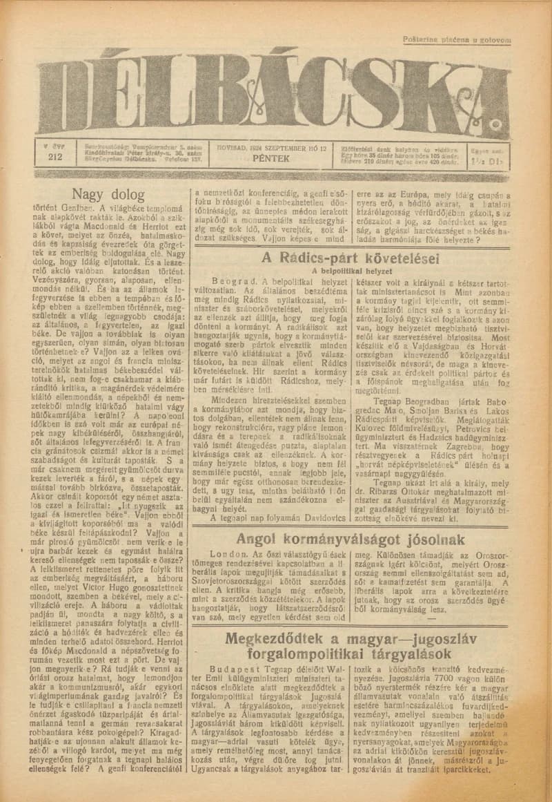 Délbácska, 5. évf. 1924. szeptember 12. 212. sz.