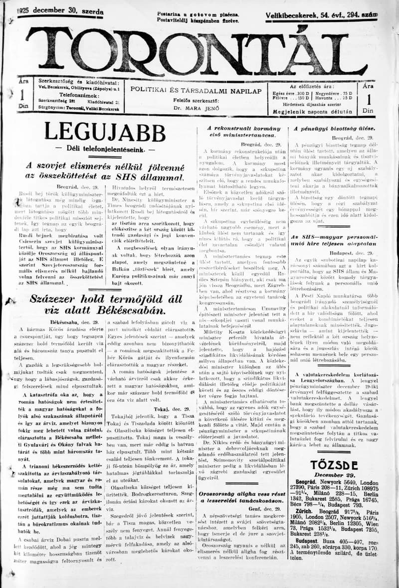 Torontál, 54. évf. 1925. december 30. 294. sz.