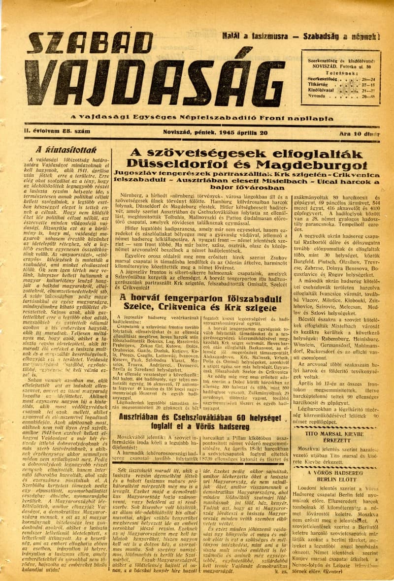 Szabad Vajdaság, 2. évf. 1945. április 20. 88. sz.