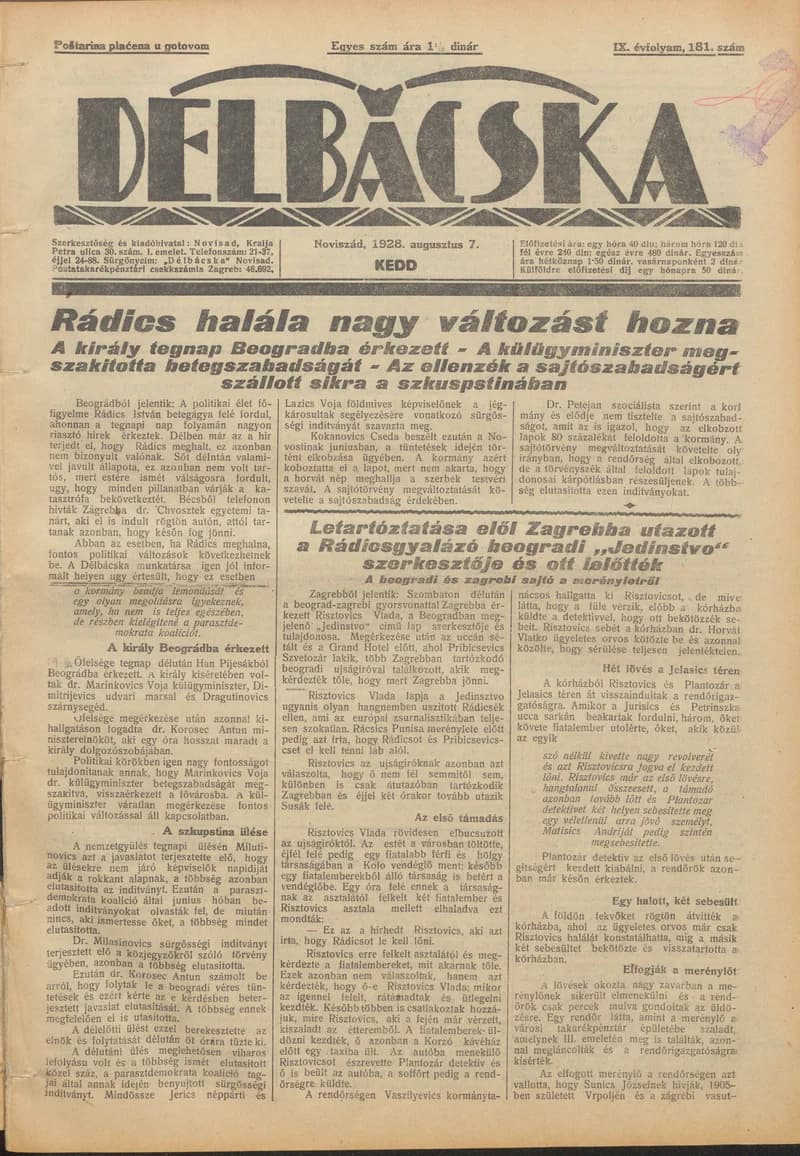 Délbácska, 9. évf. 1928. augusztus 7. 181. sz.