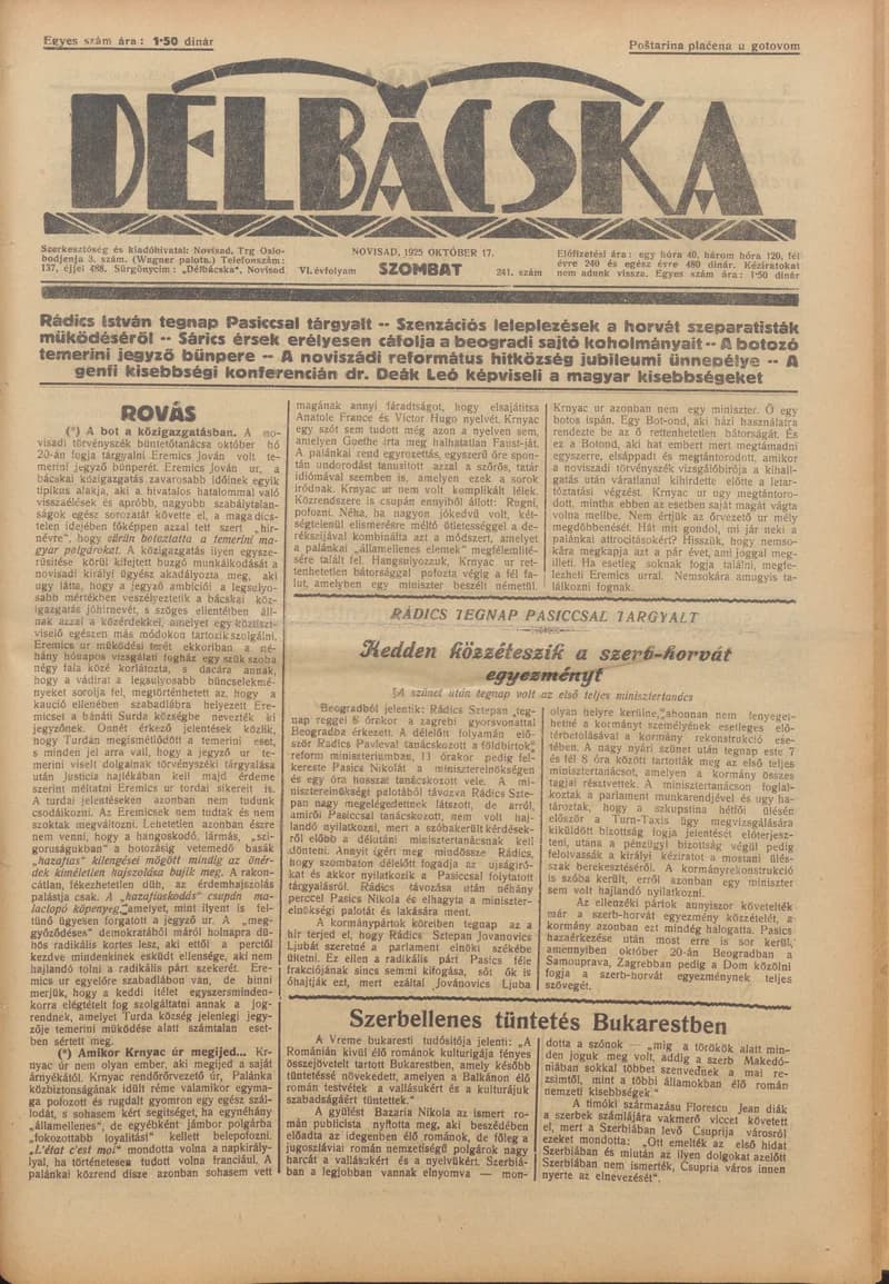 Délbácska, 6. évf. 1925. október 17. 241. sz.