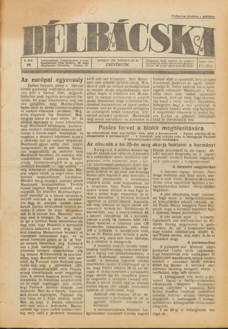 Délbácska, 5. évf. 1924. március 20. 68. sz.