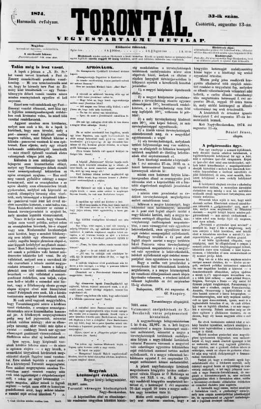 Torontál, 3. évf. 1874. augusztus 13. 33. sz.